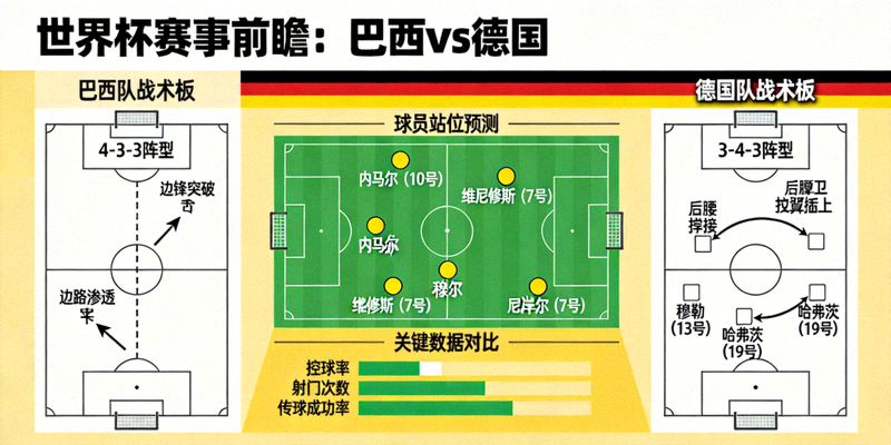 世界杯赛事前瞻分析图：巴西对阵德国的战术板与球员站位预测